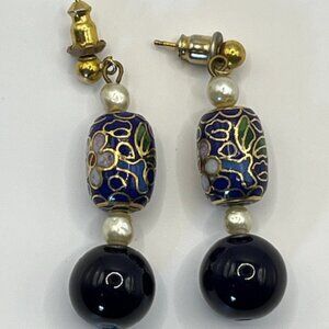 VINTAGE | Blue, pierced earrings pearls on top Cloisonné
